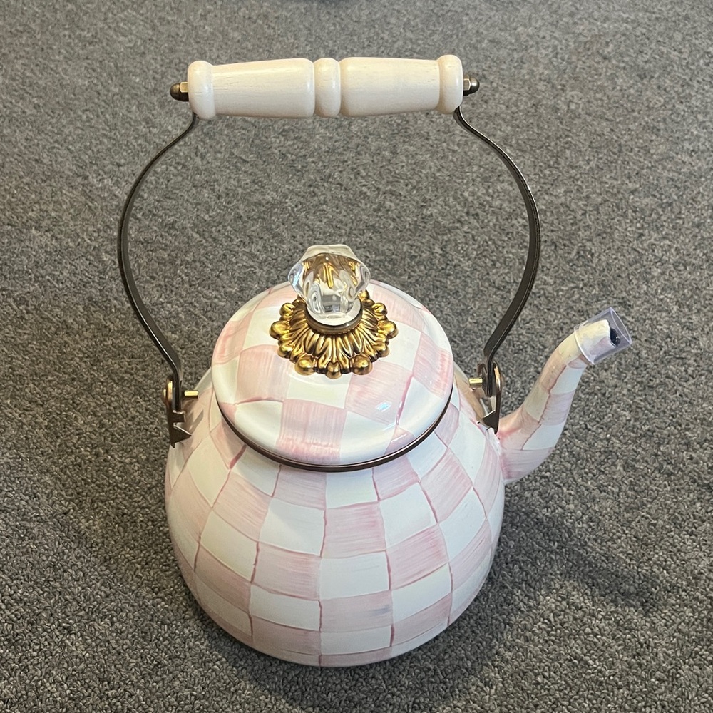 Mackenzie-Childs Tea Kettle Rosy Checkered Pink and White Teapot